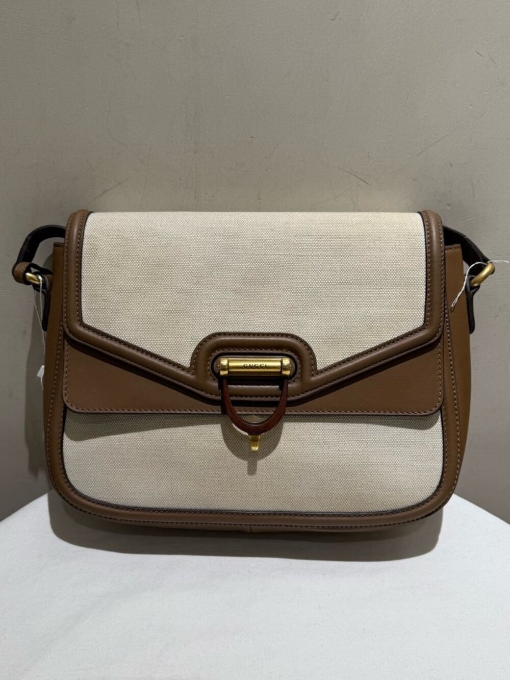 Gucci Derby Off-White Canvas with Brown Leather Trim Crossbody Shoulder Bag